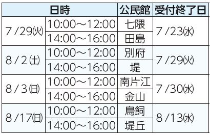 日時、公民館、受付終了日表