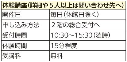 体験講座(詳細や5人以上は問い合わせ先へ)の開催日、申し込み方法、受付時間、体験時間、受講料表