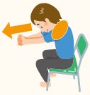 手を組んで前に 出す。おへそを 見るように、頭を 下げながら手を 前に伸ばす