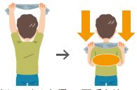 肩幅程度にタオルを握り、両手をゆっくり上に 上げる。そのまま両手を肩まで下げる