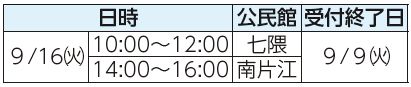 日時、公民館、受付終了日表