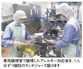 専用調理室で調理したアレルギー対応食を、１人 分ずつ個別のランチジャーで届けます