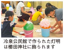 灯明製作の写真(冷泉公民館で作られた灯明は櫛田神社に飾られます)