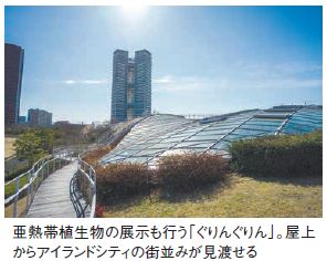 亜熱帯植生物の展示も行う「ぐりんぐりん」。屋上 からアイランドシティの街並みが見渡せる
