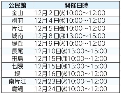 公民館、開催日時表