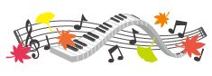 鍵盤、音符、イチョウの葉、楓の葉のイラスト
