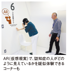 AR（仮想現実）で、認知症の人がどの ように見えているかを疑似体験できる コーナーも