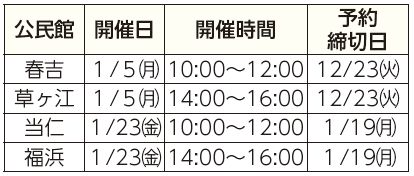 公民館、開催日、開催時間、予約締切日表