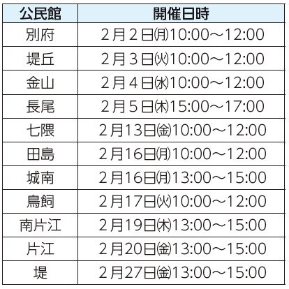 公民館、開催日時表