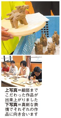 大人の陶芸教室の写真(上:細部までこだわった作品が出来上がりました　下:真剣な表情でそれぞれの作品に向き合います)