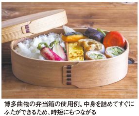 博多曲物の弁当箱の使用例。中身を詰めてすぐに ふたができるため、時短にもつながる