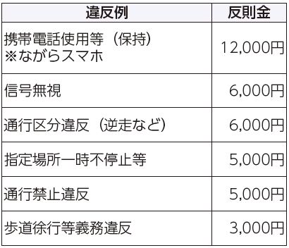 違反例、反則金表