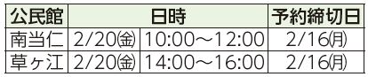 公民館、日時、予約締切日表
