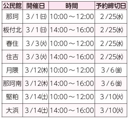 公民館、開催日、時間、予約締切日表