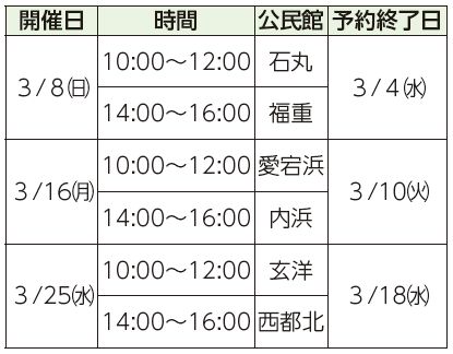 開催日、時間、公民館、予約終了日表