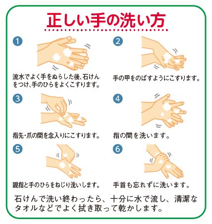 正しい手の洗い方の図(1.流水でよく手をぬらした後、石けんをつけ、手のひらをよくこすります。2.手の甲をのばすようにこすります。3.指先・爪の間を念入りにこすります。4.指の間を洗います。5.親指と手のひらをねじり洗いします。6.手首も忘れずに洗います。　石けんで洗い終わったら、十分に水で流し、清潔な タオルなどでよく拭き取って乾かします。)