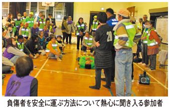 負傷者を安全に運ぶ方法について熱心に聞き入る参加者の写真