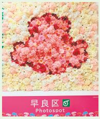 サザエさんの顔の形のフラワーウォールの写真