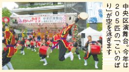 中央区演舞台。今年は 2 0 5 匹の「こいのぼ り」が空を泳ぎます