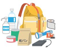 備蓄品のイラスト(水、缶詰、懐中電灯、トイレットペーパー、モバイルバッテリーなど)