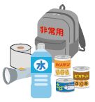 非常持ち出し品のイラスト(トイレットペーパー、水、懐中電灯、缶詰等)