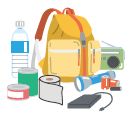 備蓄品のイラスト(リュックサック、水、懐中電灯、トイレットペーパー、缶詰等)