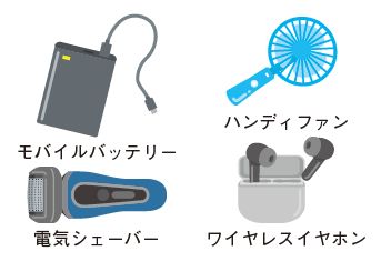 モバイルバッテリー、ハンディファン、電気シェーバー、ワイヤレスイヤホンのイラスト