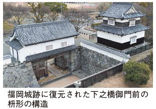 福岡城跡に復元された下之橋御門前の枡形の構造の写真