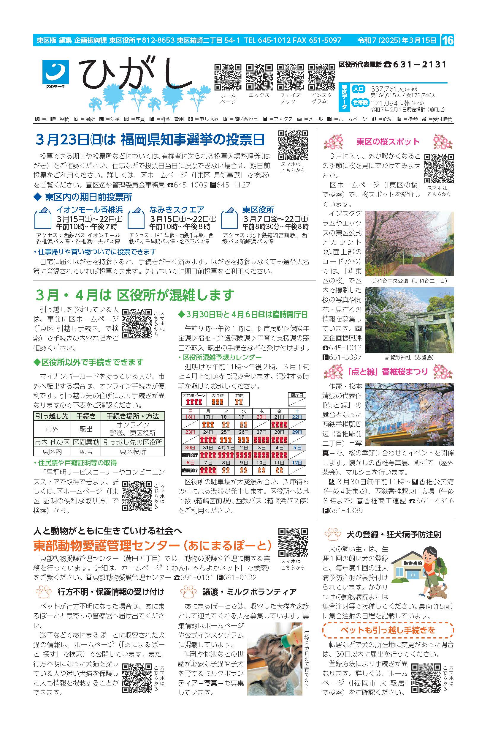 福岡市政だより2025年3月15日号の東区版の紙面画像