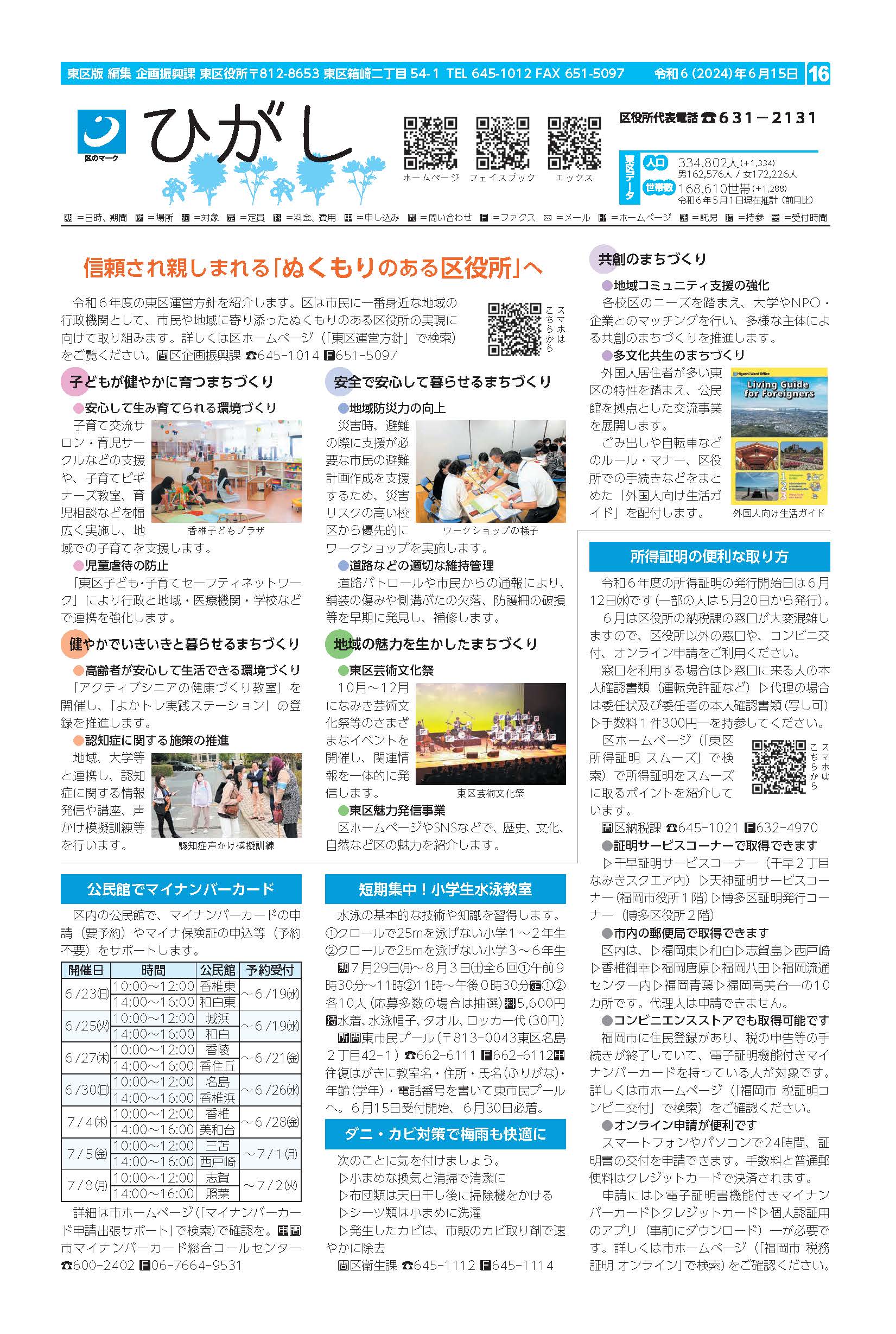 福岡市政だより2024年6月15日号の東区版の紙面画像