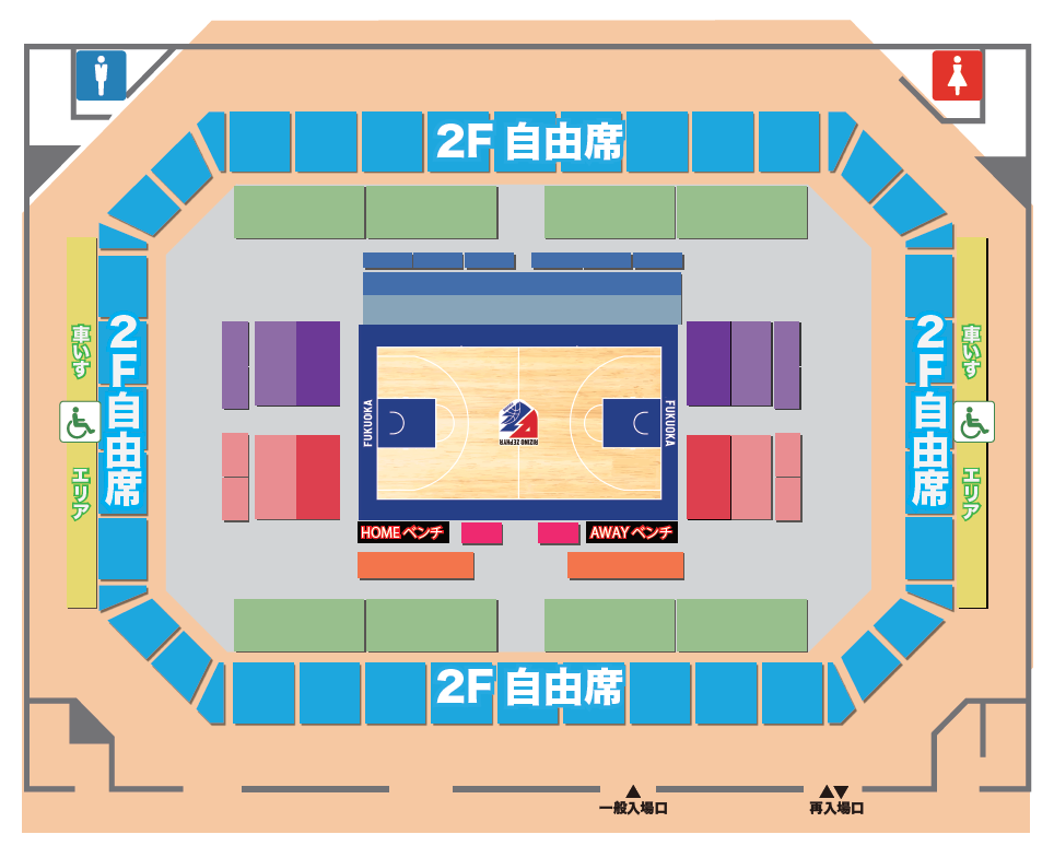 2階の自由席と車いす席の場所を示した概略図
