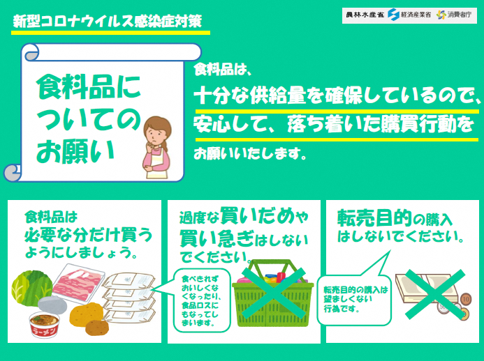 コロナウイルスに関して食料品を購入する際のお願いに関するチラシ