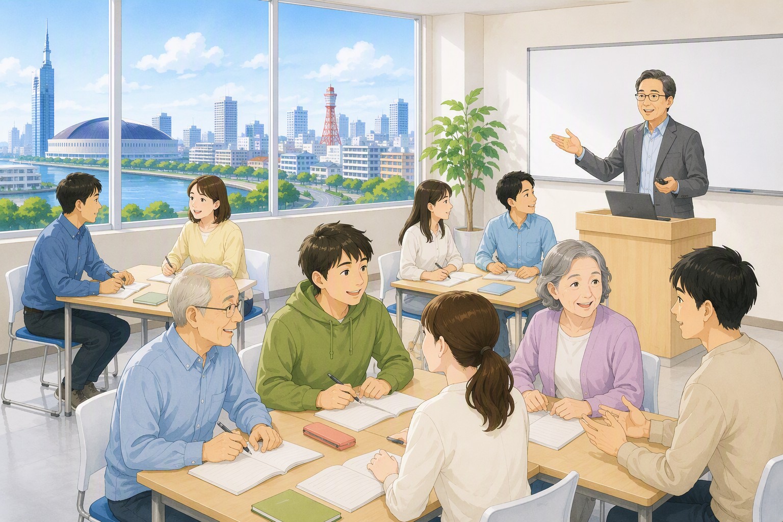 市街地を背景にたくさんの人が楽しそうに学んでいる風景