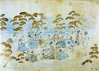 画像：高砂橋の図　博多商人の八尋利兵衛は、明治半ばに那珂川沿いの堤防を拡張し、東京の向島を参考に並木を植えて公園として整備した。この福岡にできた向島ではさまざまな催しが開かれた。画像もその光景を描いた図で、高砂橋のたもとの広場で人々が宴会を開き、三味線を弾いたり踊ったりする様子が描かれている
