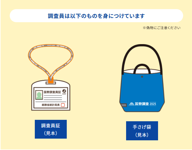 調査員は、調査員証、国勢調査と書かれた手提げ袋を身に着けています。