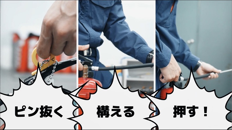 ピンを抜く、構える、レバーを押すをセットにしたイメージ画像