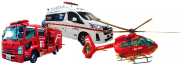 消防車、救急車、消防ヘリコプターの写真
