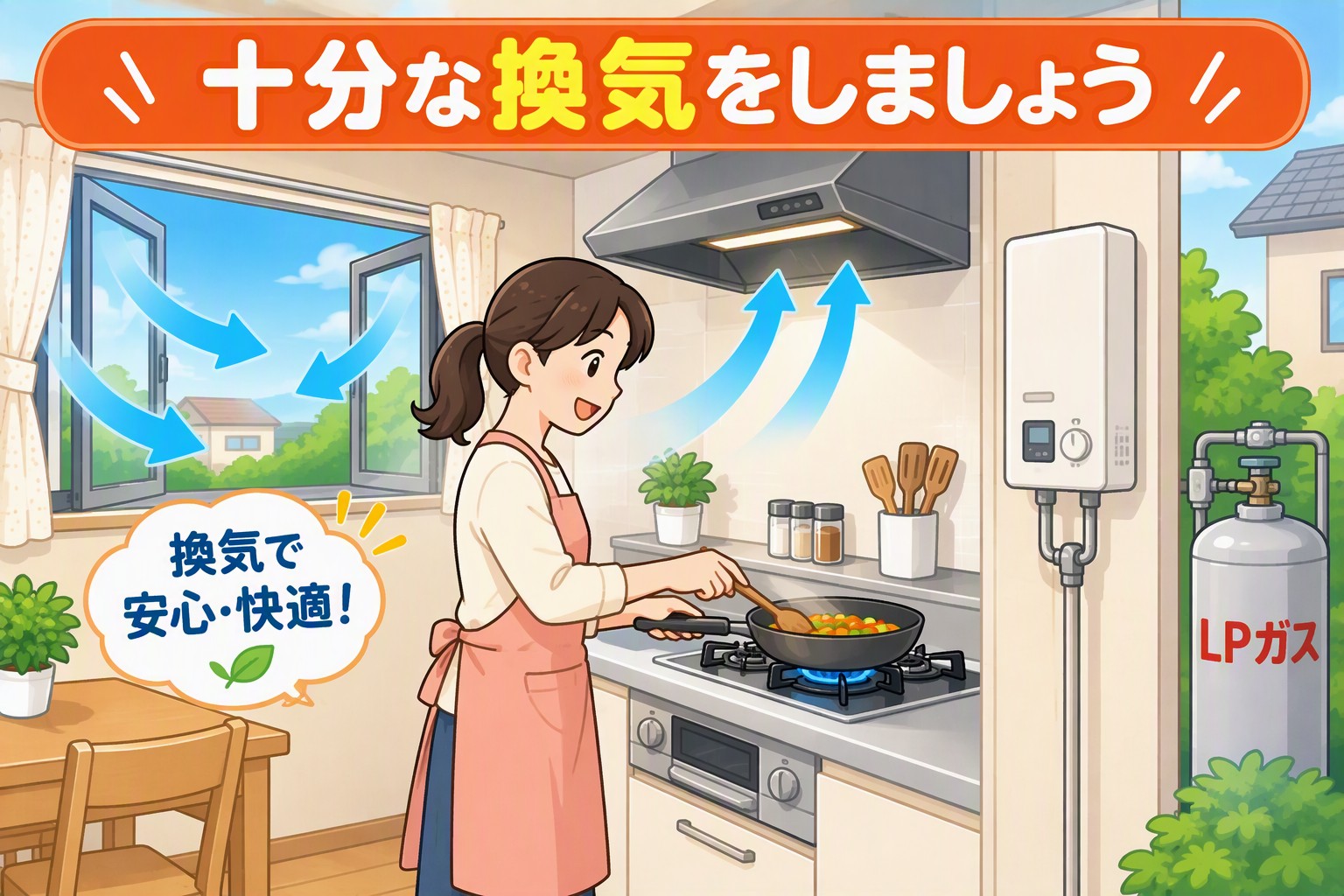 窓を開けて換気をしながら料理をしているイラスト