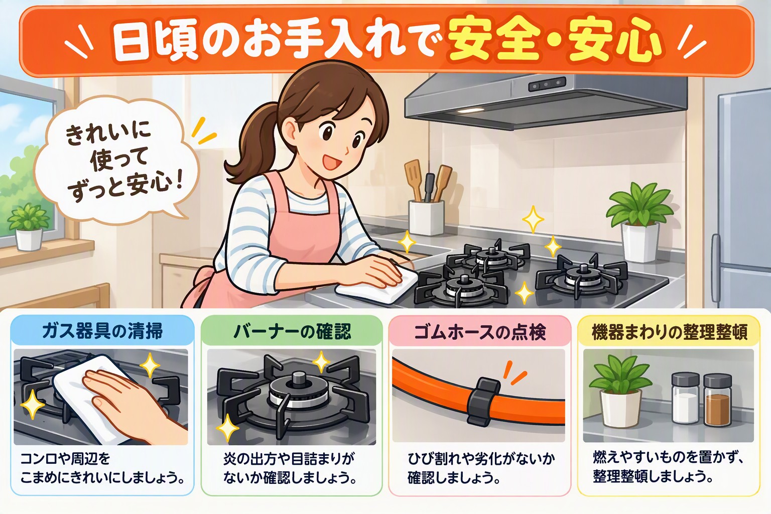 キッチンのガス器具の掃除をしているイラスト