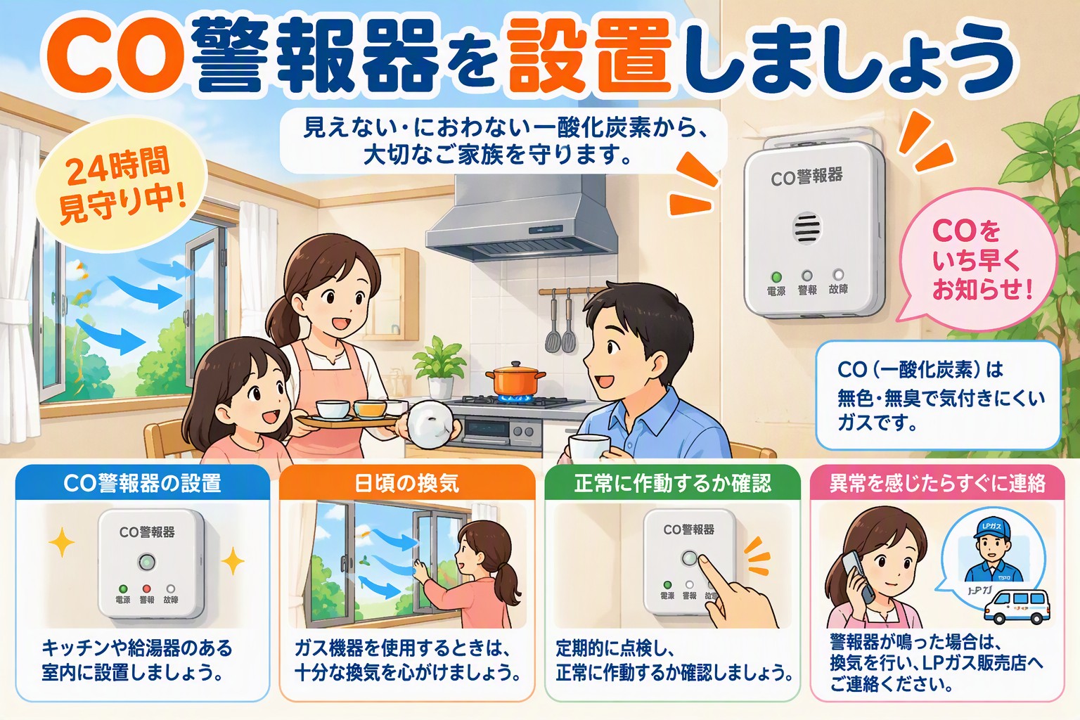 CO警報器と警報器使用上の注意点のイラスト