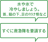 水や氷で冷やしましょう。首、脇の下、足の付け根など　すぐに救急隊を要請する